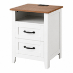 Farmhouse Nightstand with Charging Station, 2 Drawers & Open Shelf