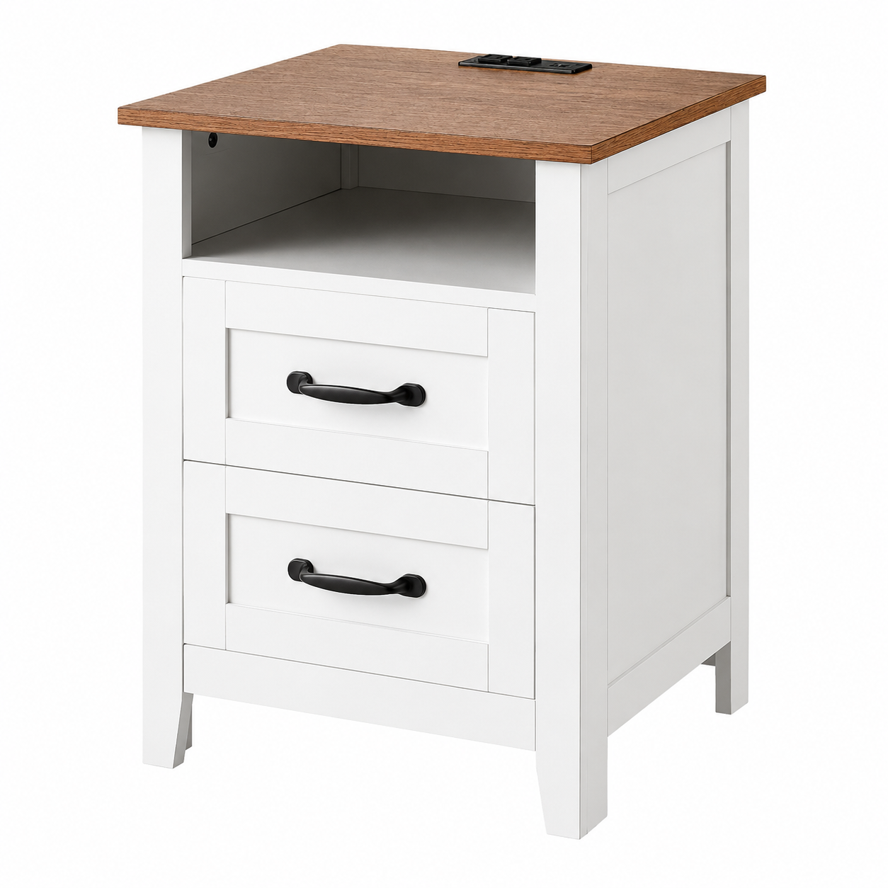 Farmhouse Nightstand with Charging Station, 2 Drawers & Open Shelf