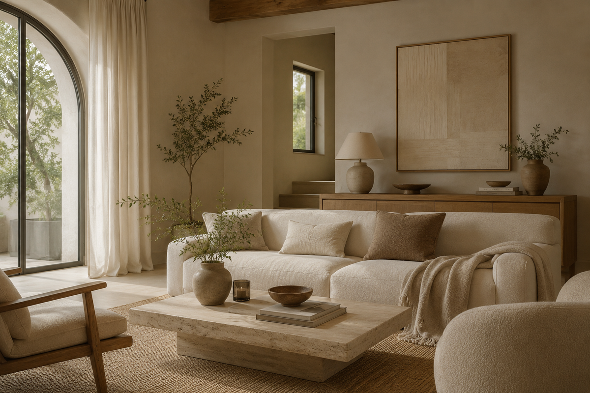 A beautifully styled modern living room featuring a cream-colored textured sofa, a low wooden coffee table, neutral beige walls, and a large arched window on the left.