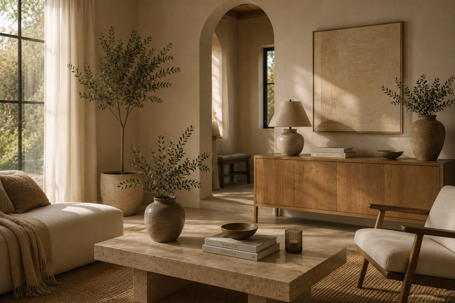 A beautifully styled living room with warm neutral tones, featuring a beige sectional sofa, a wooden coffee table, a mid-century modern armchair, a wooden credenza, and multiple potted plants and vases under natural sunlight.