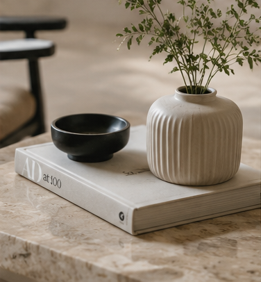 A beige ribbed ceramic vase filled with green stems sits on a white book on a marble tabletop, alongside a small black bowl.
