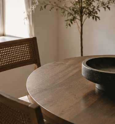 A close-up of a round wooden dining table in a softly lit room, with part of a woven-back chair visible on the left and a dark stone bowl on the right.