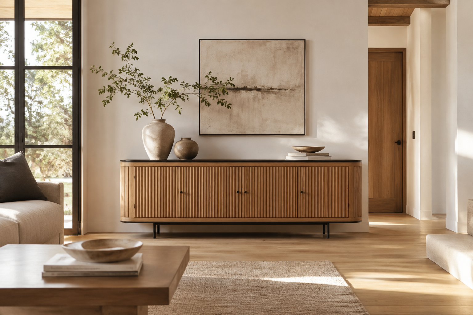 A mid-century modern wooden credenza or sideboard cabinet in a warm light oak finish, styled in a bright, modern living room with a dark countertop, black legs, and decorative ceramic vases.