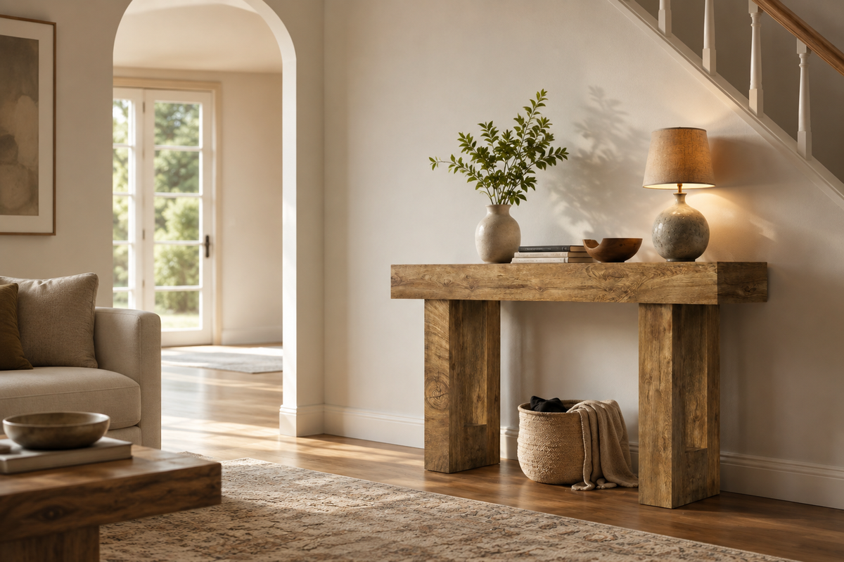 A rustic wooden console table in a warm, modern living room setting, styled with a vase of greenery and a table lamp.