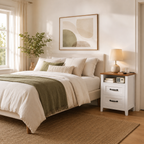 Farmhouse Nightstand with Charging Station, 2 Drawers & Open Shelf