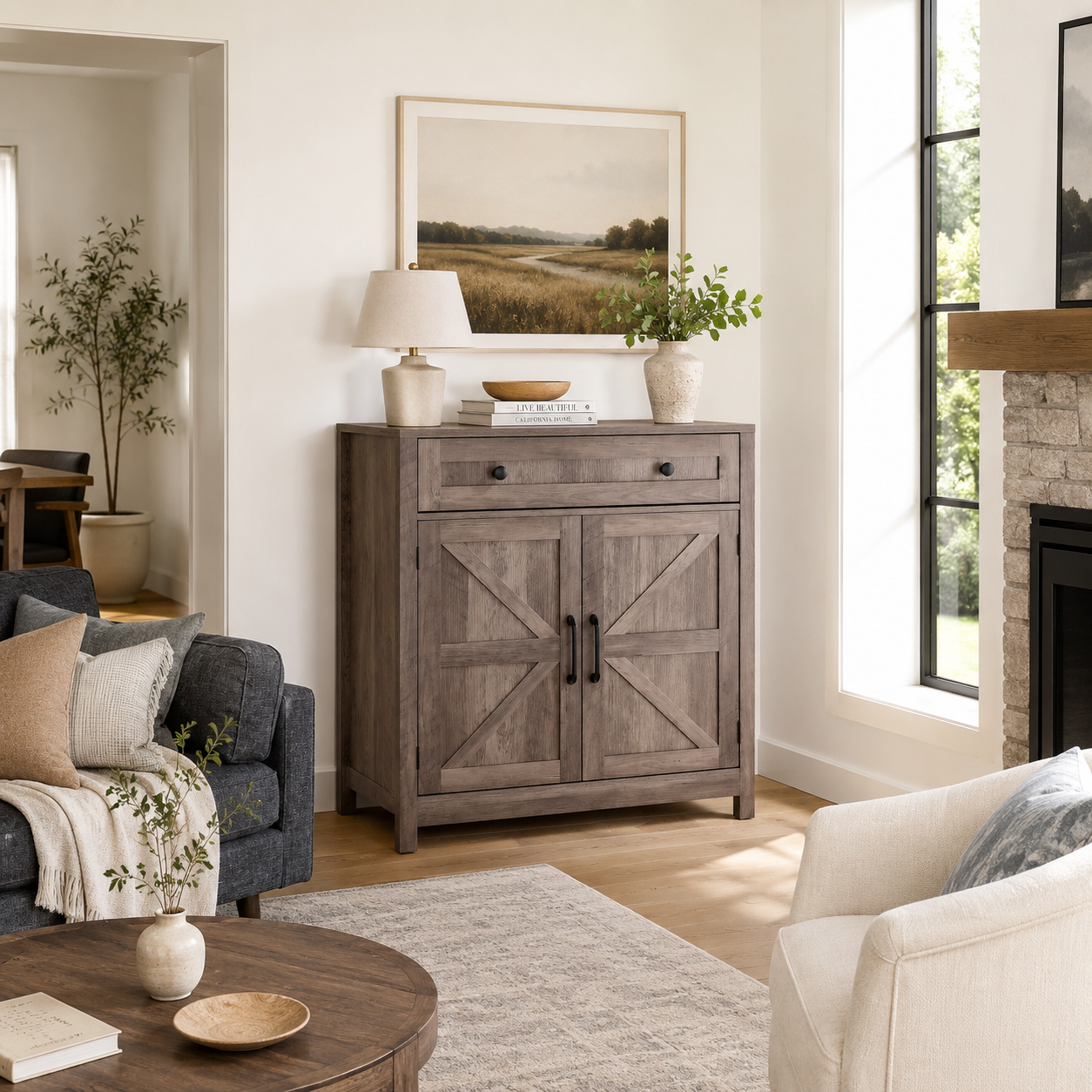 Farmhouse Coffee Bar Cabinet with Sliding Barn Doors