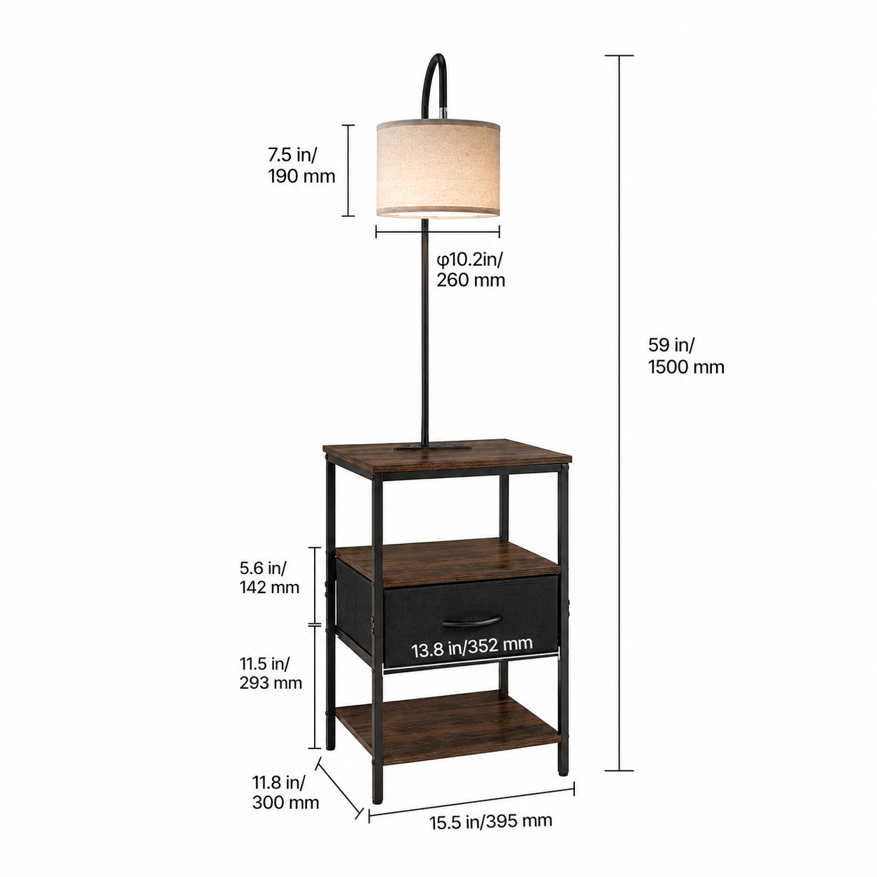 Floor Lamp End Table with Drawer & Charging Station