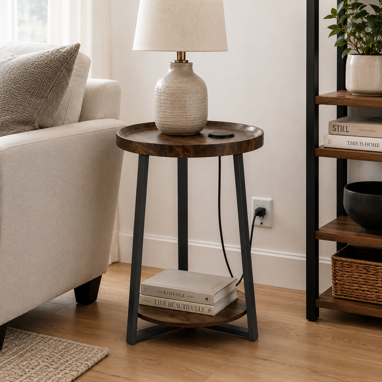Round End Table with USB & AC Charging Station