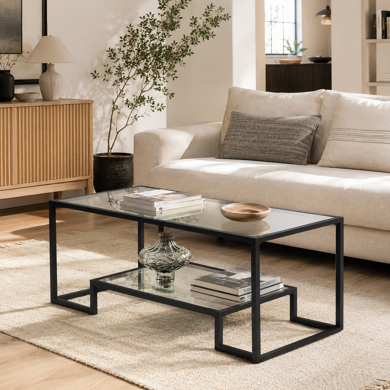 Modern Tempered Glass Coffee Table with Open Shelf