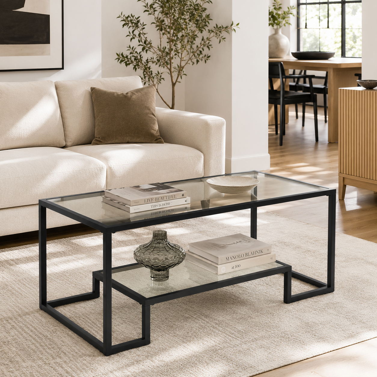 Modern Tempered Glass Coffee Table with Open Shelf