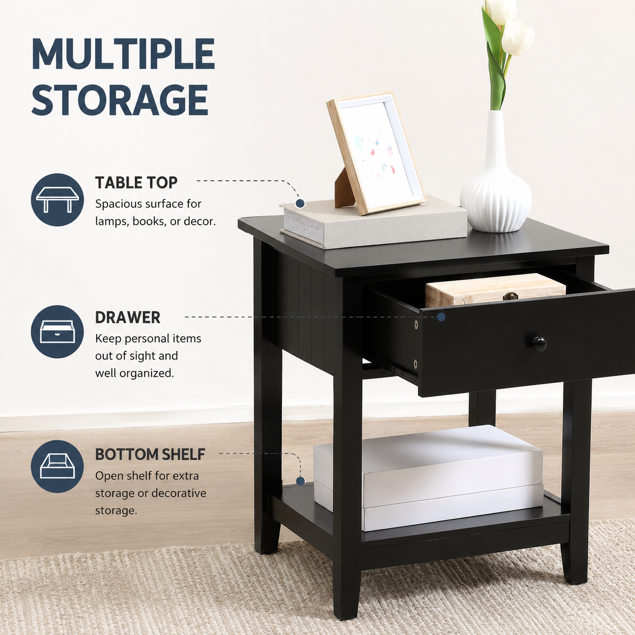 Modern Side Table with Drawer & Storage Shelf