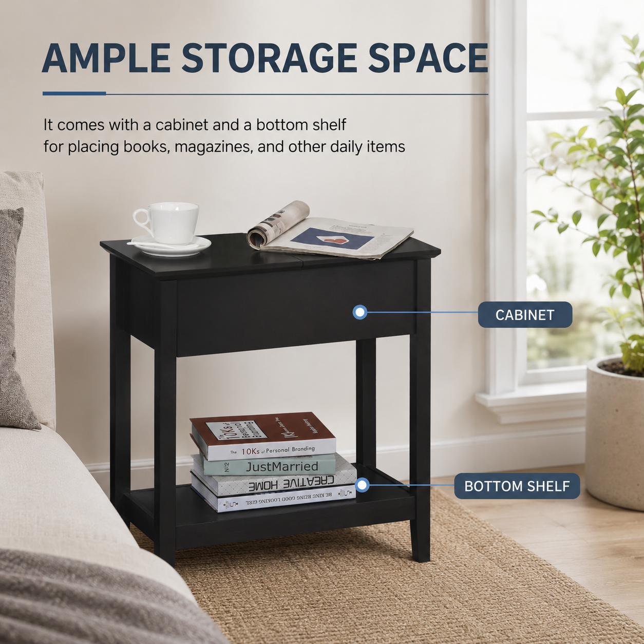 Narrow End Table with Flip-Top Storage