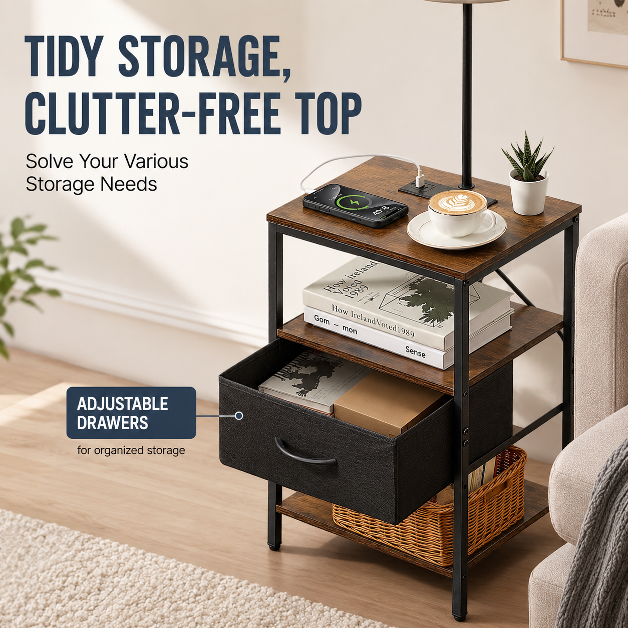 Floor Lamp End Table with Drawer & Charging Station
