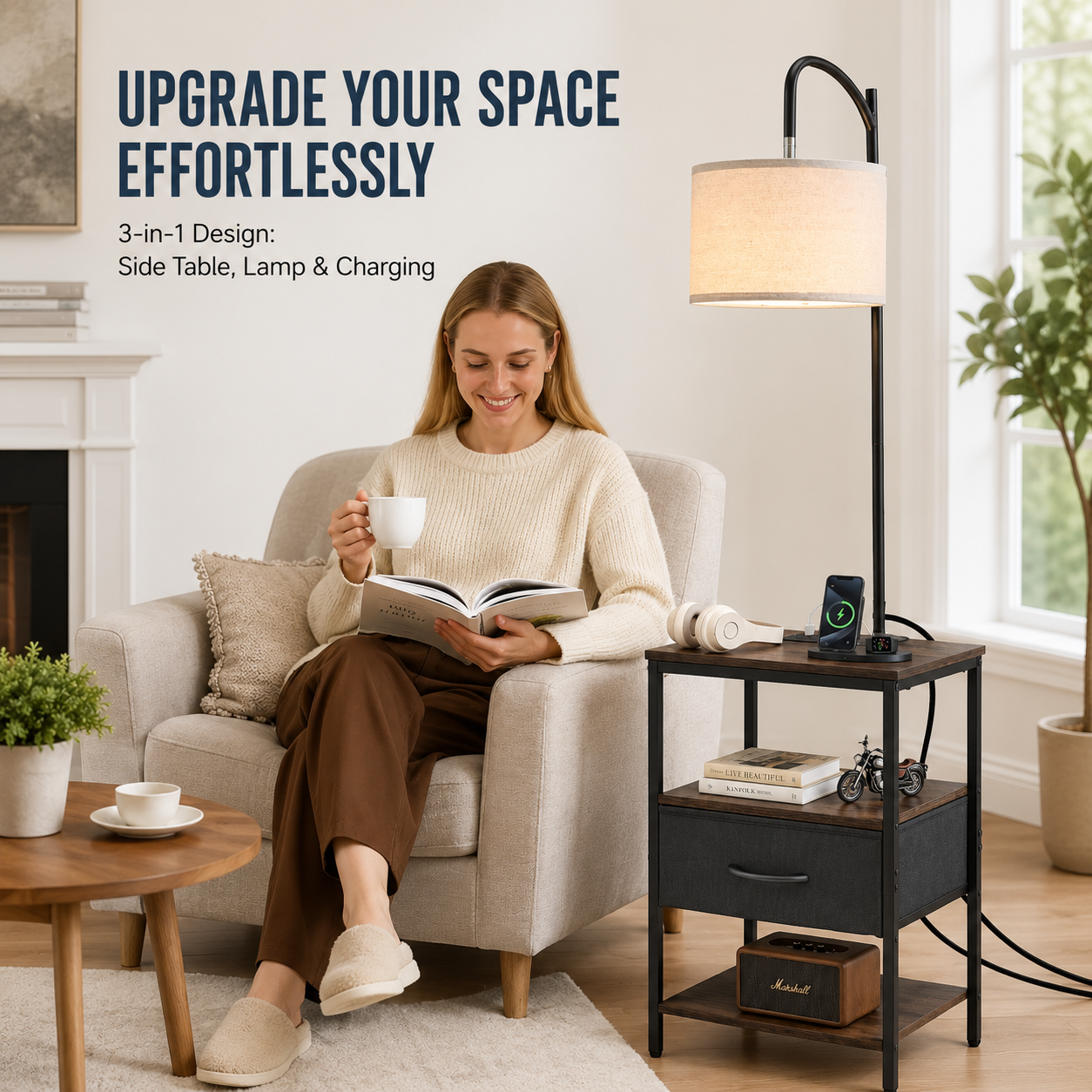 Floor Lamp End Table with Drawer & Charging Station