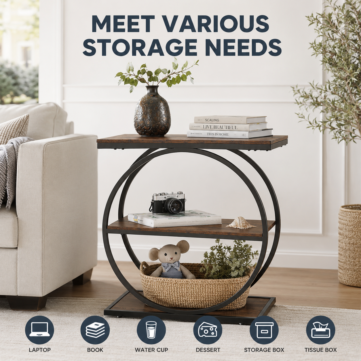 3-Tier Narrow Side Table with Open Storage Shelves