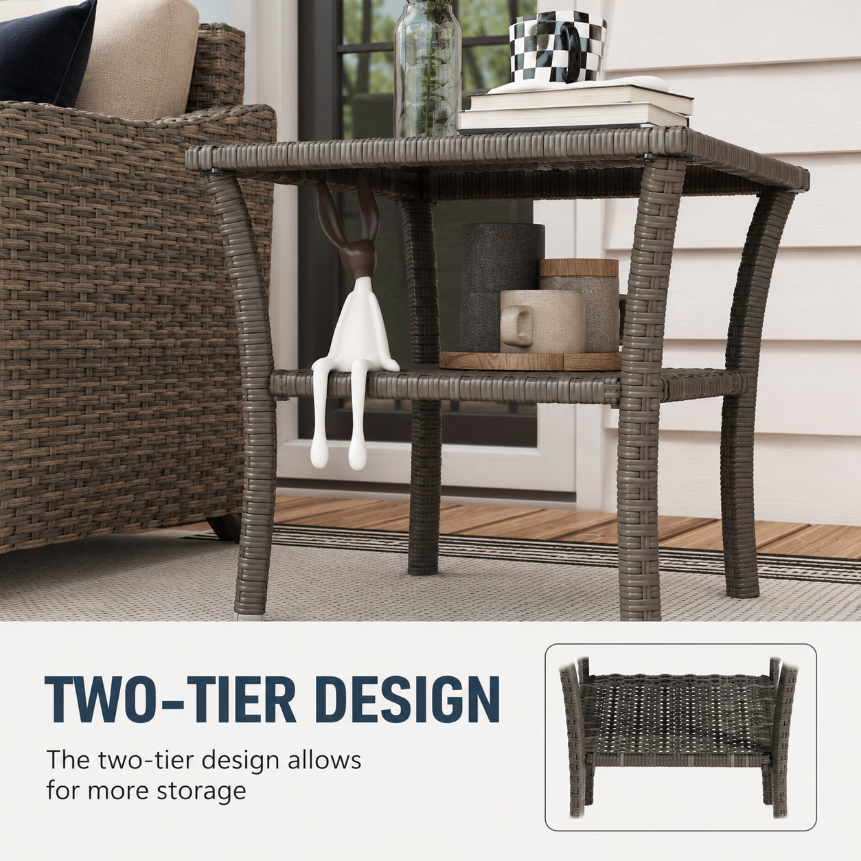 Outdoor Rattan Side Table with Tempered Glass Top