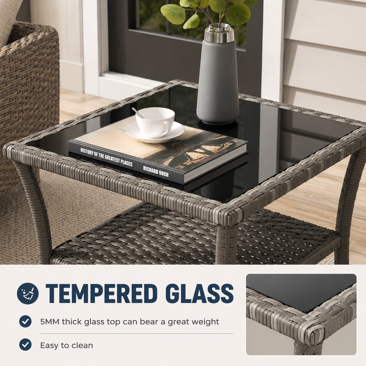 Outdoor Rattan Side Table with Tempered Glass Top