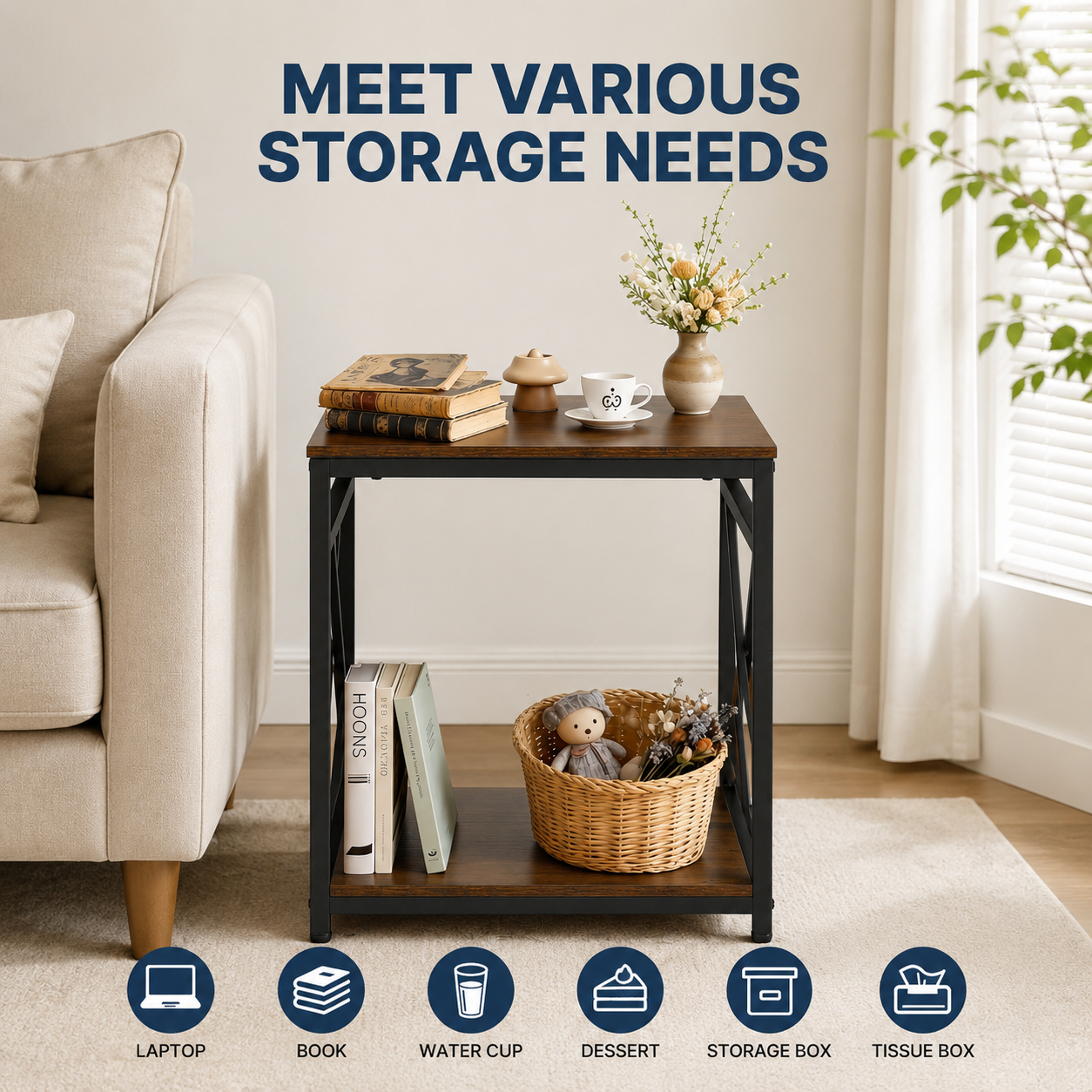 Square End Table with Open Storage Shelf