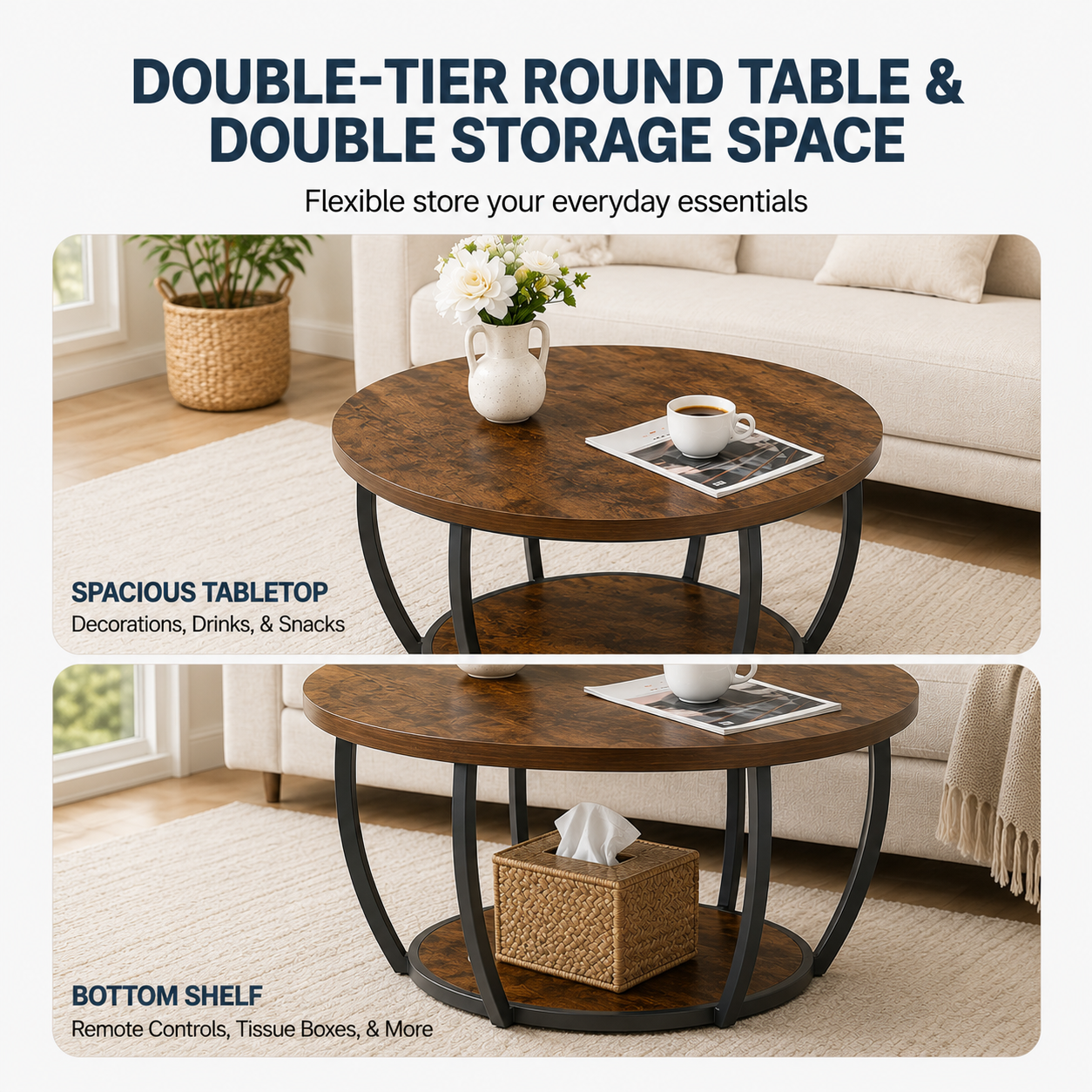 Modern Round Coffee Table with Open Shelf