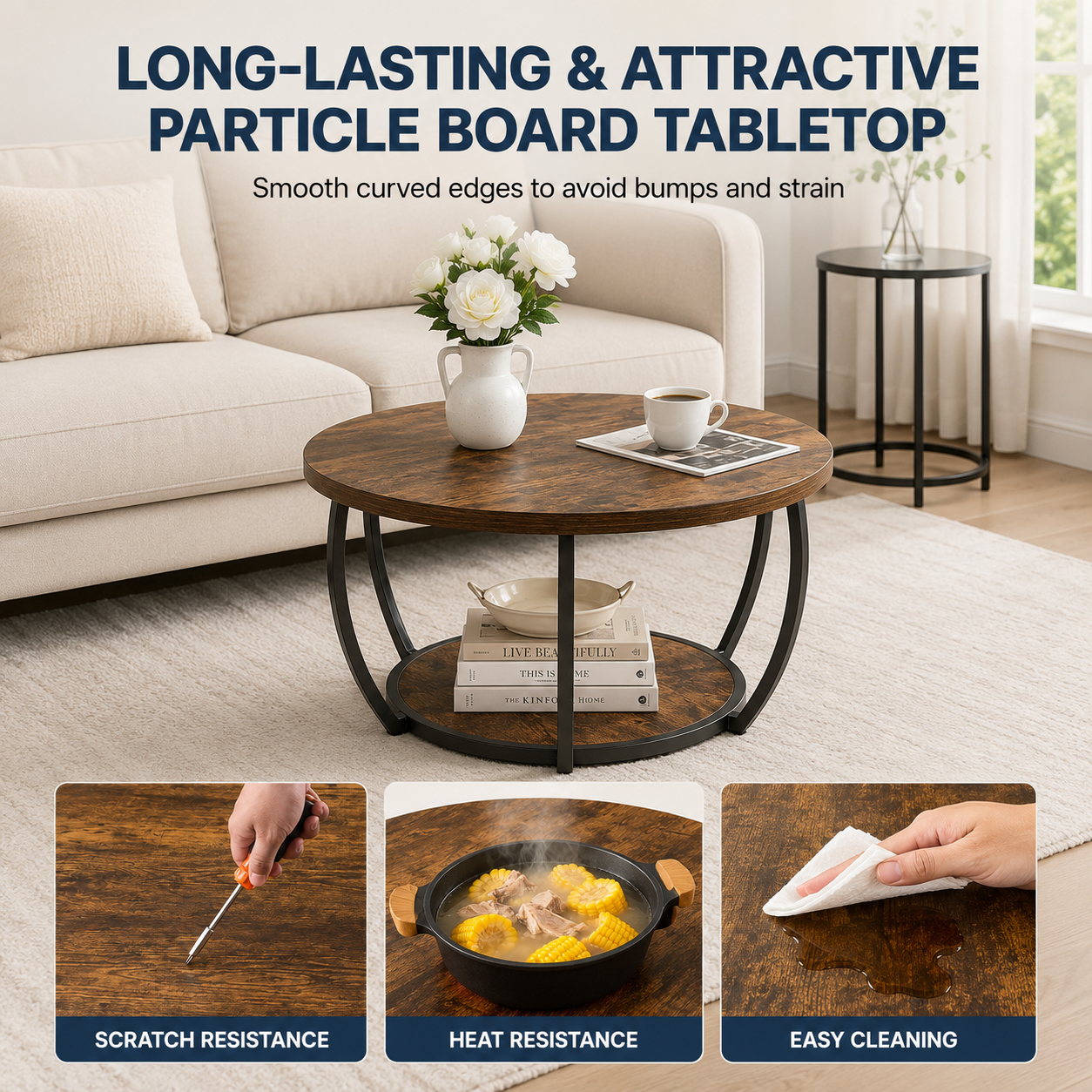 Modern Round Coffee Table with Open Shelf