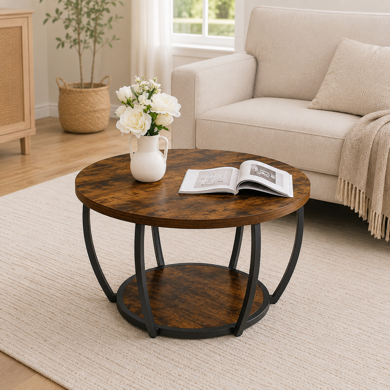 Modern Round Coffee Table with Open Shelf
