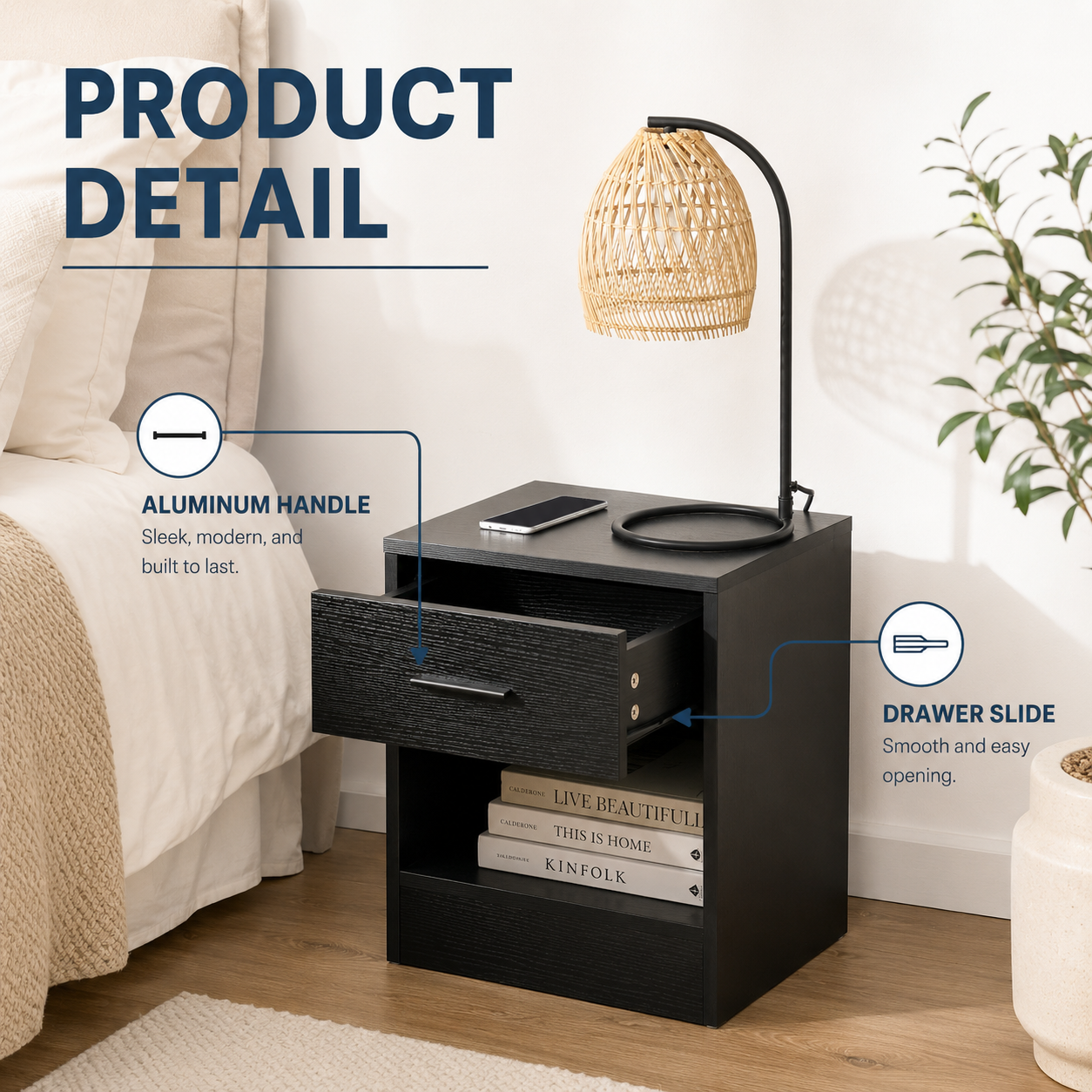 Modern Side Table with Drawer & Storage Shelf