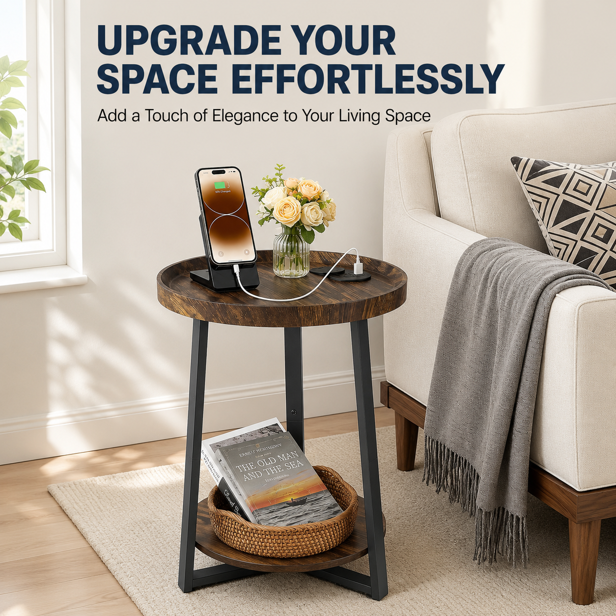 Round End Table with USB & AC Charging Station