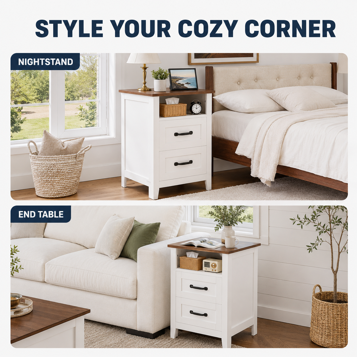 Farmhouse Nightstand with Charging Station, 2 Drawers & Open Shelf