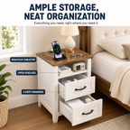 Farmhouse Nightstand with Charging Station, 2 Drawers & Open Shelf