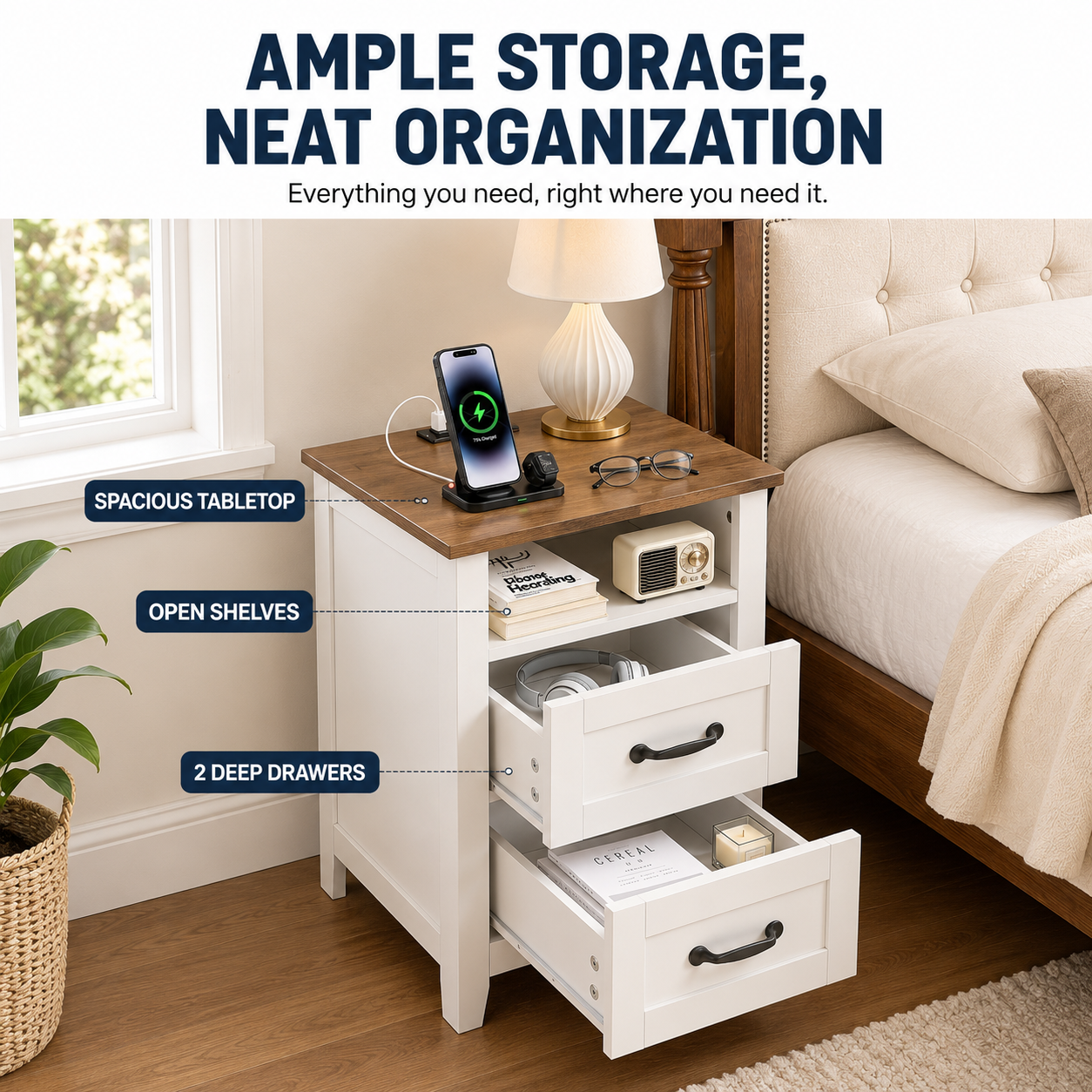Farmhouse Nightstand with Charging Station, 2 Drawers & Open Shelf