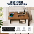 Farmhouse Nightstand with Charging Station, 2 Drawers & Open Shelf