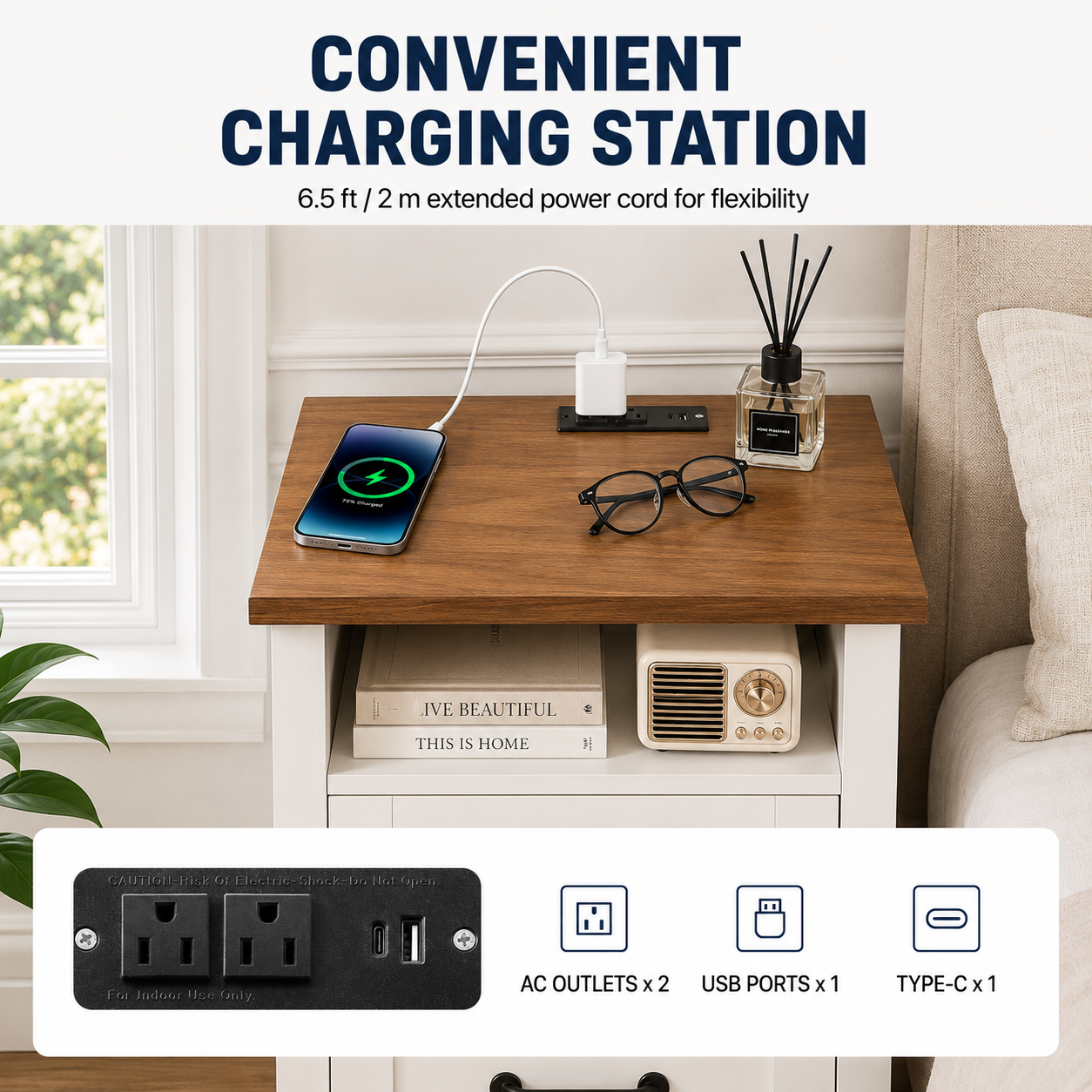 Farmhouse Nightstand with Charging Station, 2 Drawers & Open Shelf