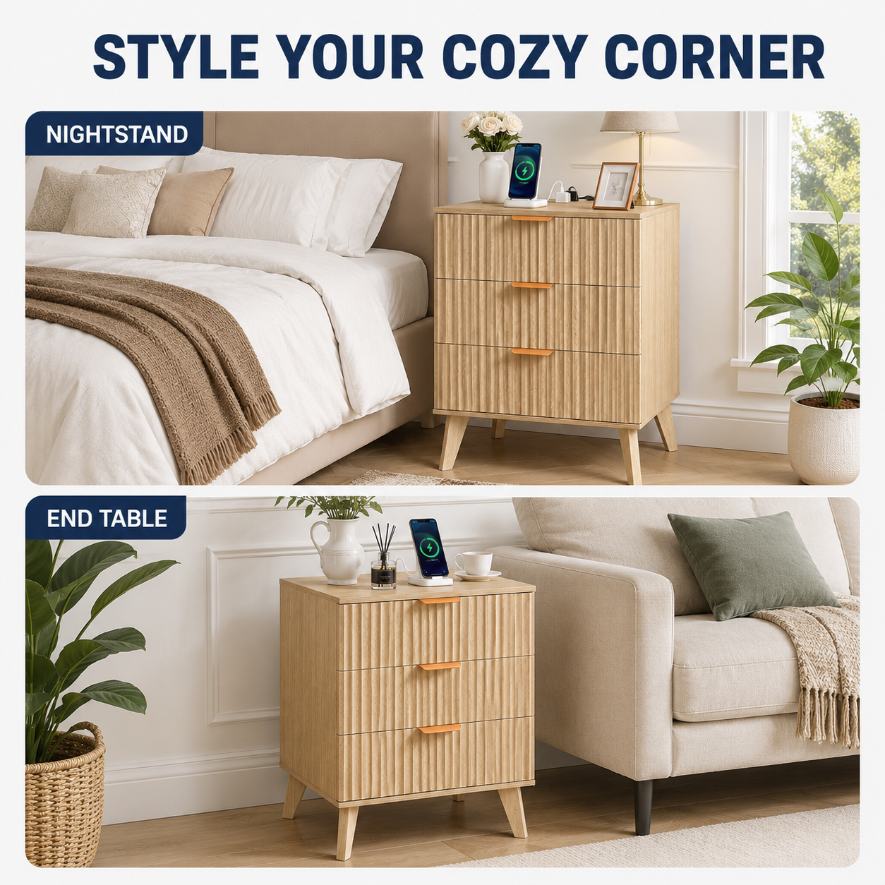 Fluted Nightstand with Charging Station & 3 Drawers