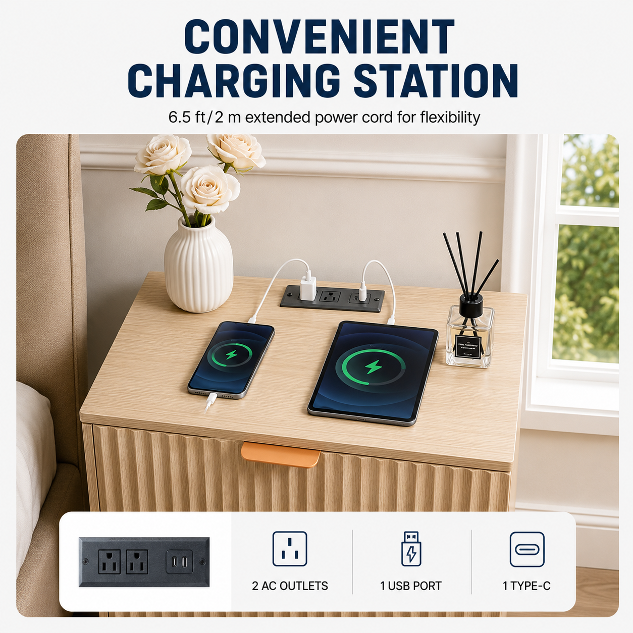 Fluted Nightstand with Charging Station & 3 Drawers