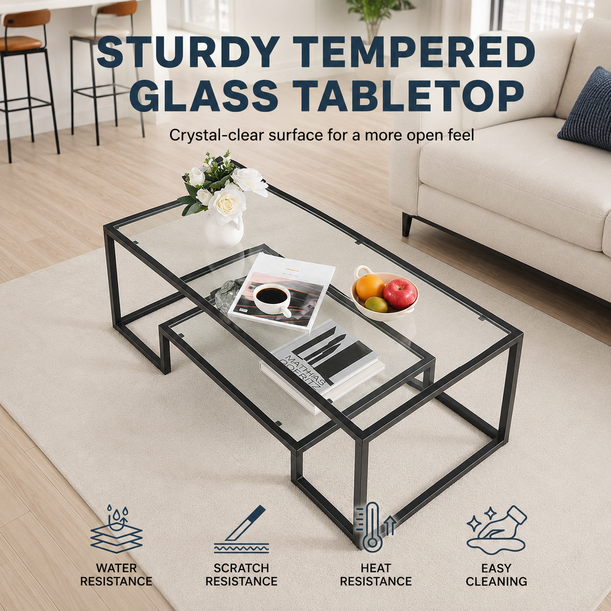 Modern Tempered Glass Coffee Table with Open Shelf