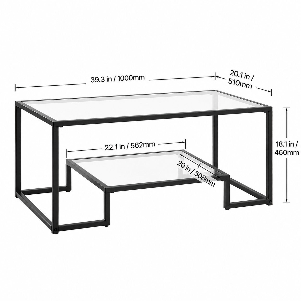 Modern Tempered Glass Coffee Table with Open Shelf