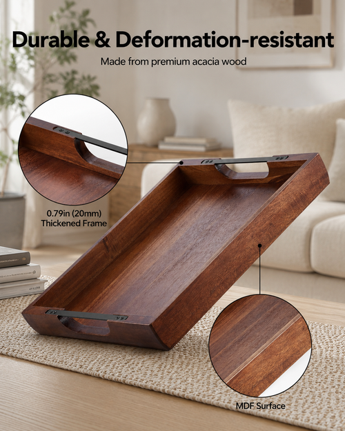 Acacia Wood Serving Tray with Metal Handles