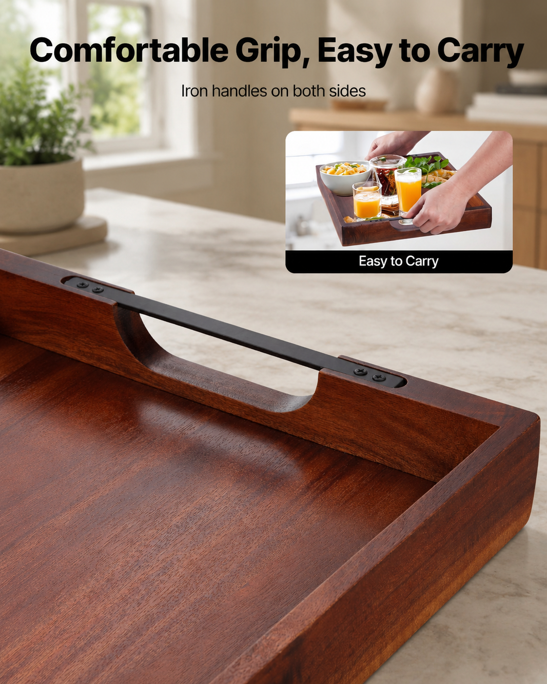 Acacia Wood Serving Tray with Metal Handles