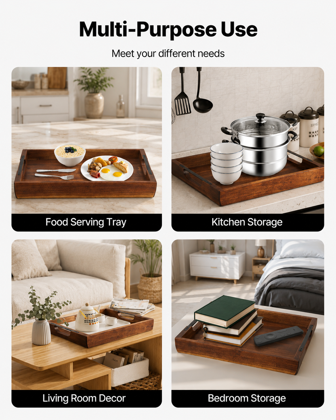 Acacia Wood Serving Tray with Metal Handles