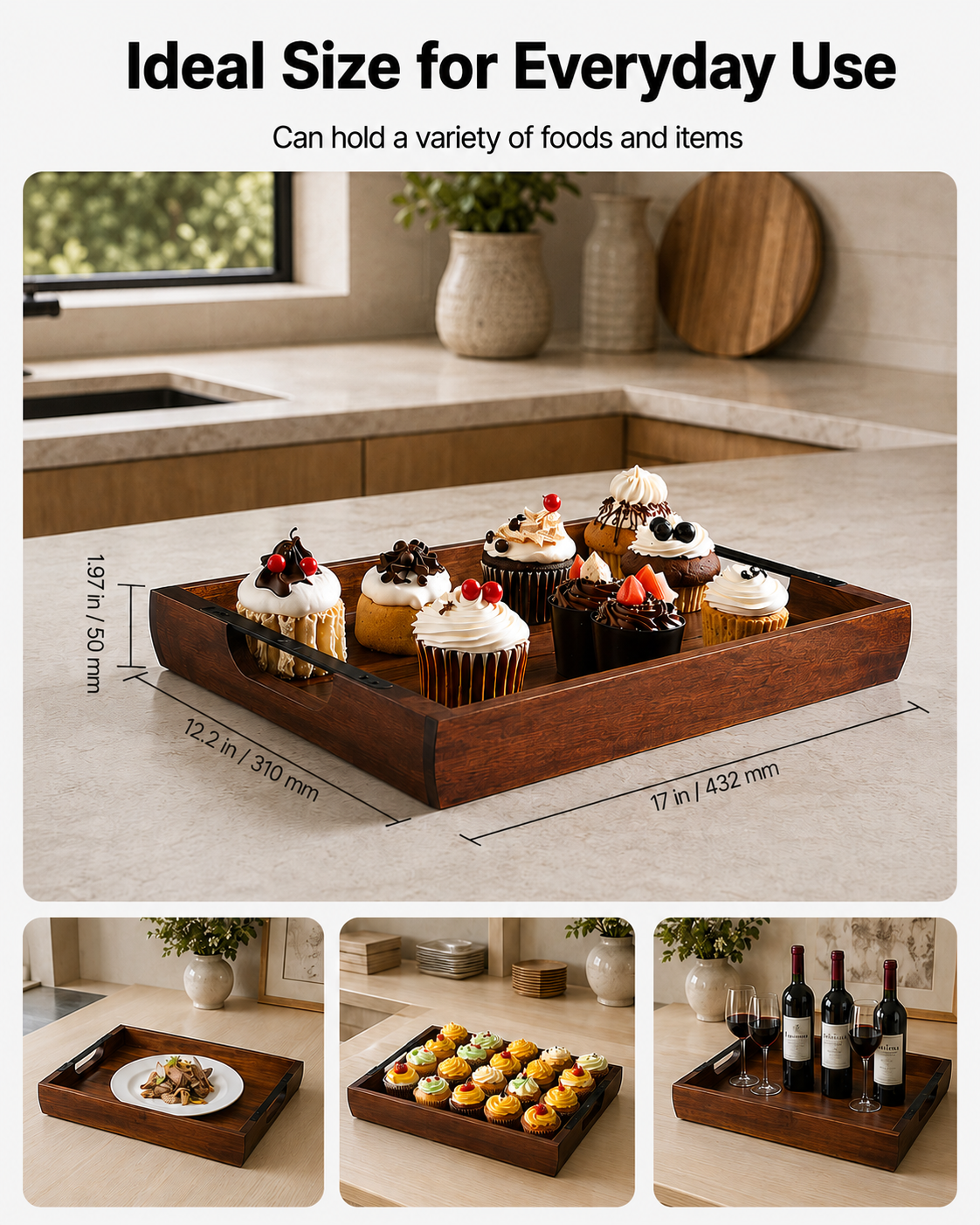 Acacia Wood Serving Tray with Metal Handles