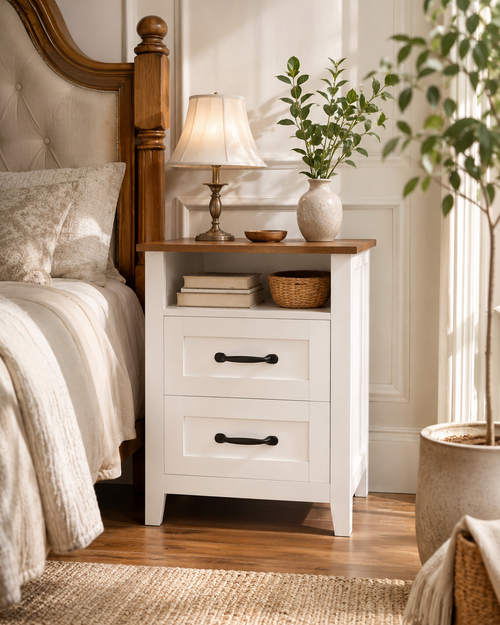 Farmhouse Nightstand with Charging Station, 2 Drawers & Open Shelf