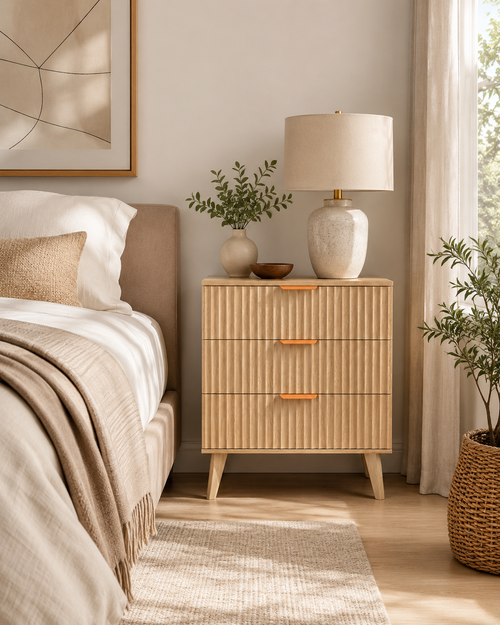 Fluted Nightstand with Charging Station & 3 Drawers