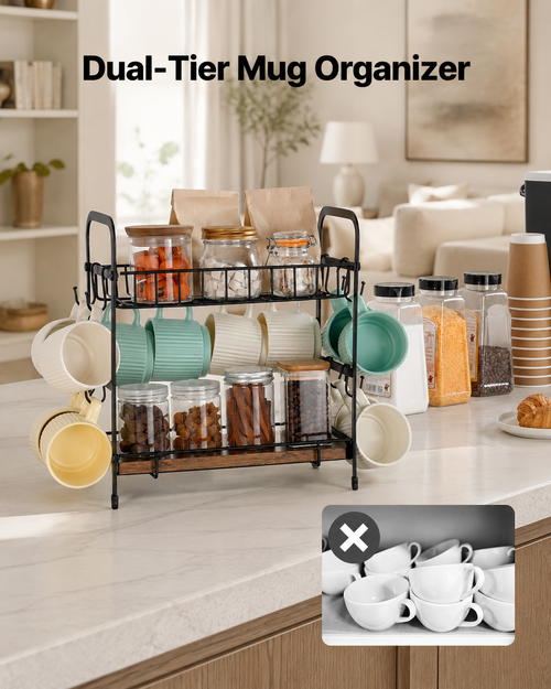 2-Tier Coffee Bar Organizer with Mug Hooks