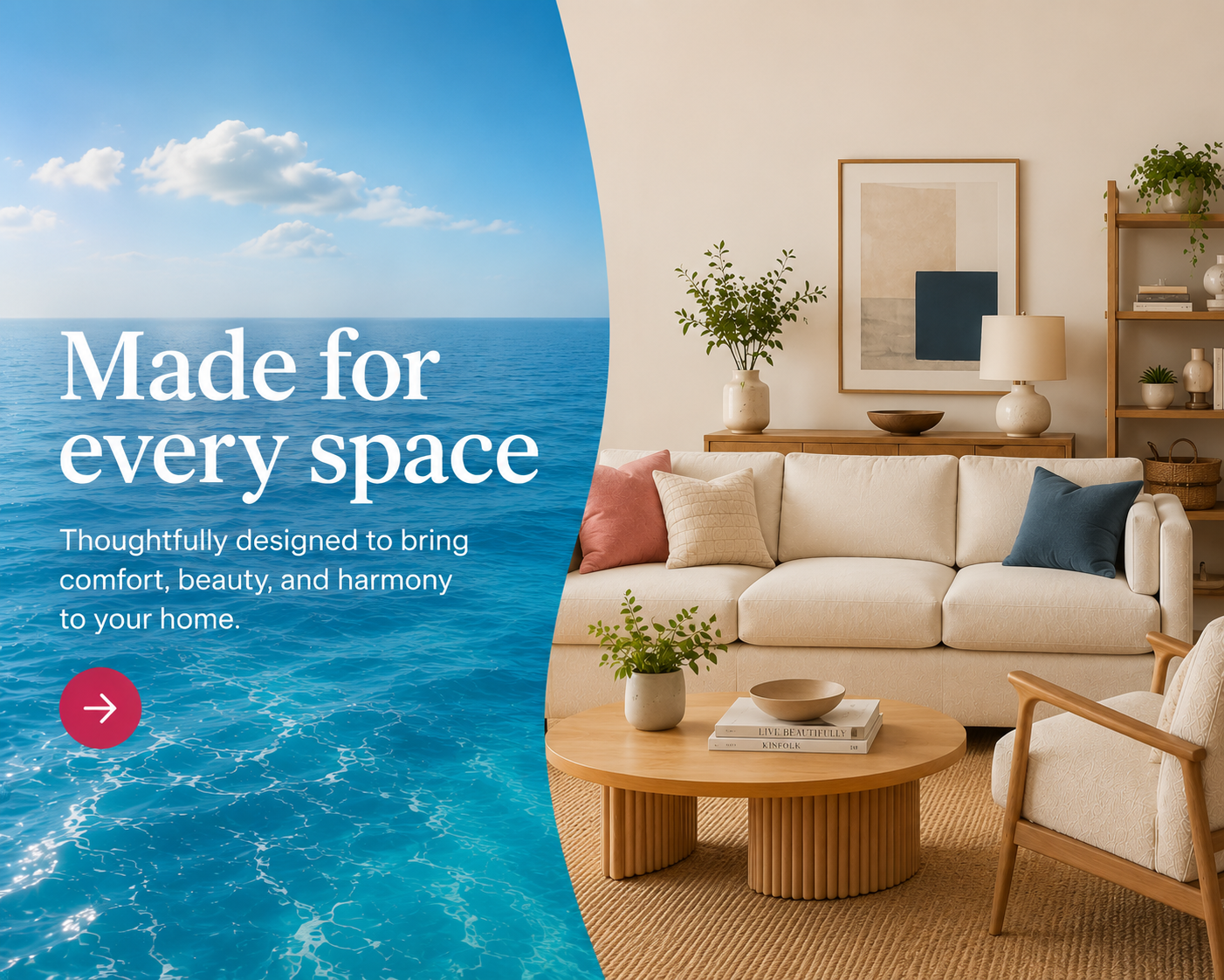 Living room with a couch, coffee table, and decor elements, featuring text 'Made for every space'.