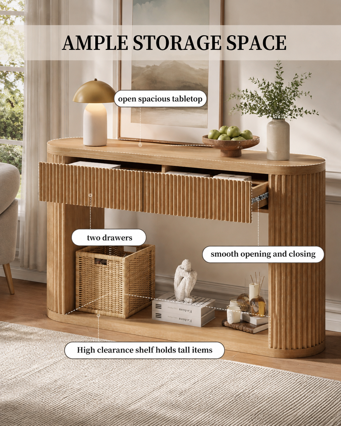 Oval Fluted Console Table with 2 Drawers and Bottom Shelf