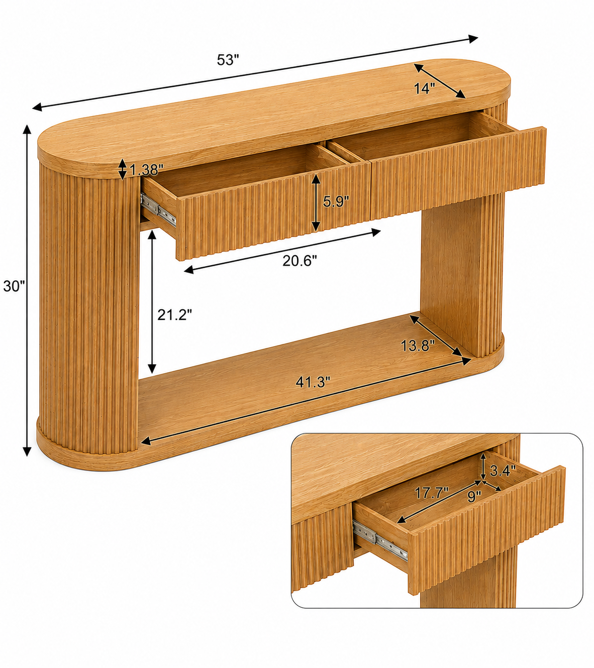 Oval Fluted Console Table with 2 Drawers and Bottom Shelf