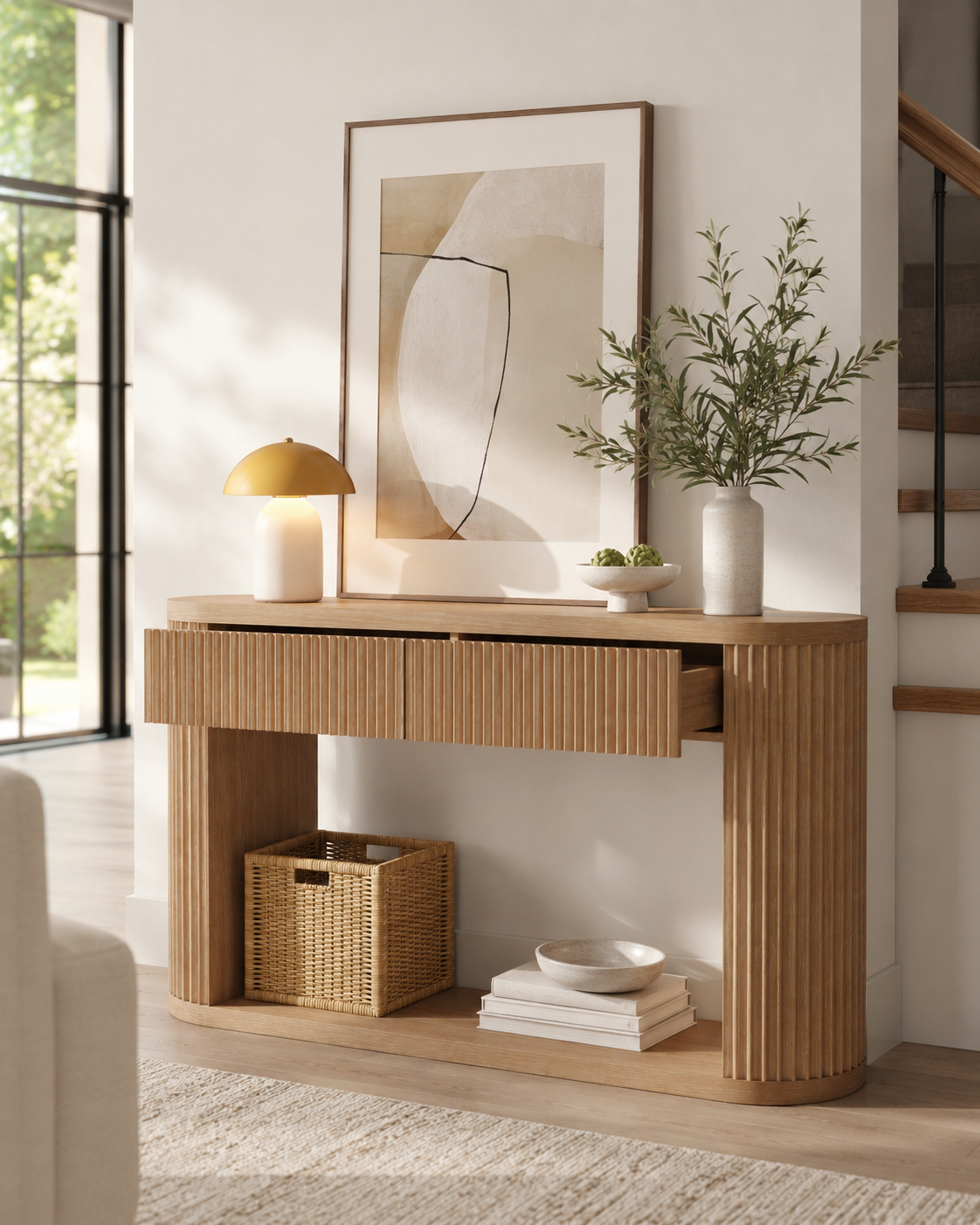 Oval Fluted Console Table with 2 Drawers and Bottom Shelf