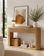 Oval Fluted Console Table with 2 Drawers and Bottom Shelf