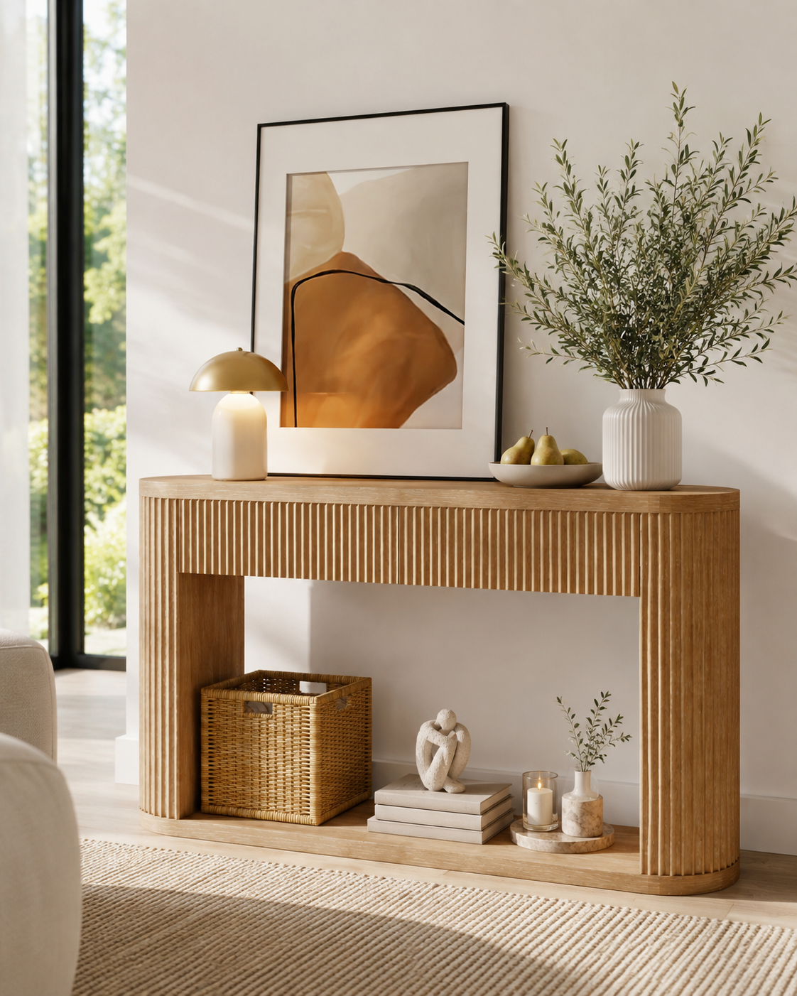 Oval Fluted Console Table with 2 Drawers and Bottom Shelf