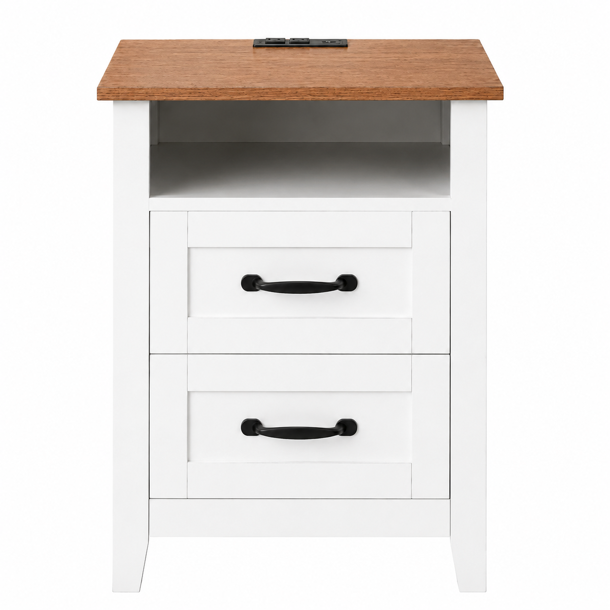 Farmhouse Nightstand with Charging Station, 2 Drawers & Open Shelf